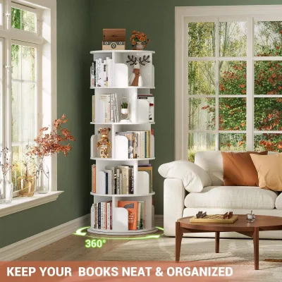 White Solid Wooden Modern Revolving Library Bookcase 5 Tier 360 Display Spinning Corner Bookshelf for Living Room School Hotel