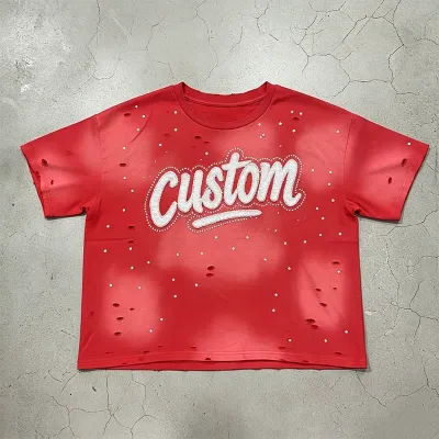 Manufacturer Custom Luxury Men's T-shirt Distress Sun Faded Embroidered Applique Streetwear Crew Neck Rhinestone Crop Tshirt
