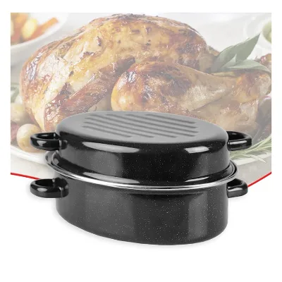 Carbon Steel Enamel Roaster Dishwasher Safe Oval Turkey Roasting Pan with Domed Lid for Chicken Vegetables Meat