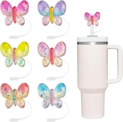 Wholesale 10mm Colorful Butterflies Straw Topper Pvc Straw Cover Creative Cute Straw Dust Proof Cover for 40/30oz Tumbler
