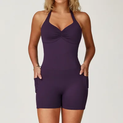 Ladies Breathable Four-Way Stretch Halter V-neck Sexy Ruched Butt Backless Yoga Jumpsuit with Pockets