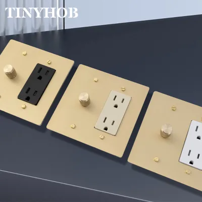 2 Gang Satin Brass Panel LED Compatible Rotary Dimmer Switch & 15A Outlet US Canada Standard 120V Wall Mount