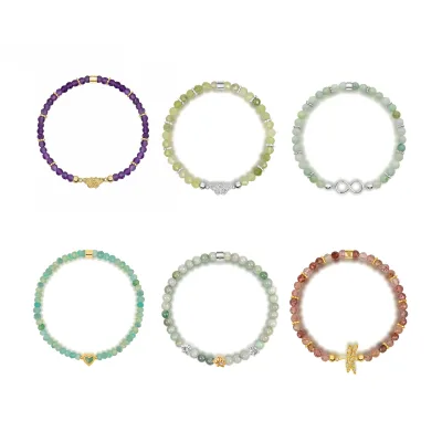 Gemnel 925 Silver Natural Stone Beaded Bracelet Multi Gem Round Bead Stretch Bracelet Charm Pendant Stack Boho Daily Accessory
