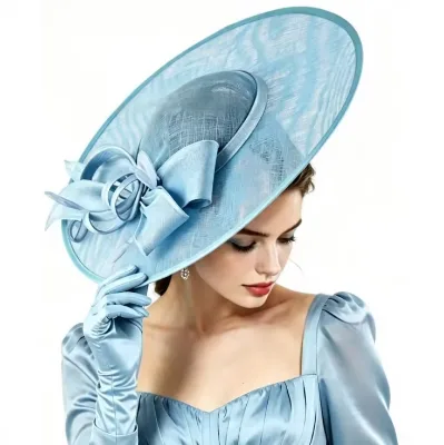 Light Blue Sinamay Wide Brim Hat With Bow,Elegant Royal Ascot/church/wedding Fascinator for Women Photo Booth Props