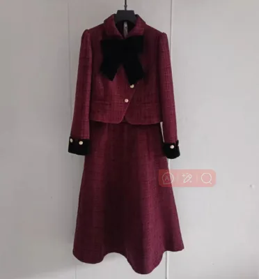 Winter Socialite Elegant 2 Piece Set Women's Bow Small Cotton Jacket Top + Fish Tail Skirt 2 Piece Set