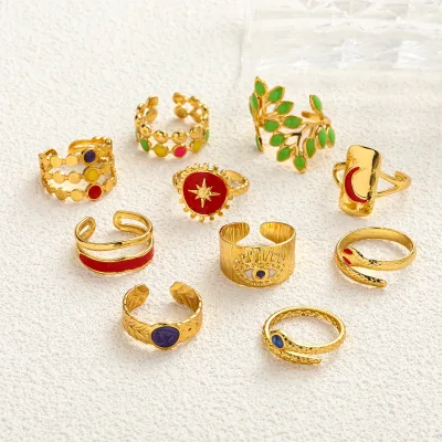 Wholesale Enamel Open Cuff Rings Vintage Multi Color Dainty Stacking Rings Stainless Steel Jewelry for Women Vendor