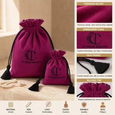 Custom Gold Foil Logo Slim Velvet Drawstring Pouch with Gold Rope Tie Luxury Wine Bottle Pen Jewelry Gift Packaging OEM