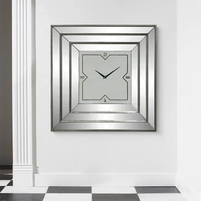 Wholesale Home Decorative Mirrored 23.62 Inch Mirror Big Square Large Size Wooden Wall Clocks