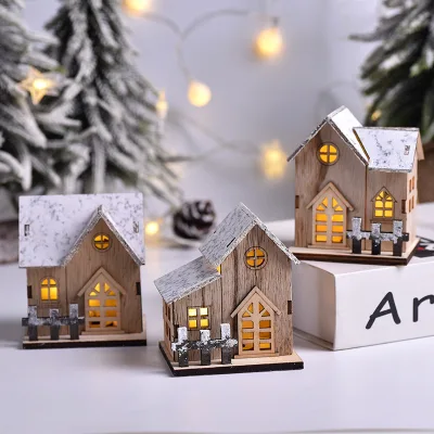 Home Festive Wooden Craft Ornaments Led Wooden Christmas House Christmas Tabletop Decoration