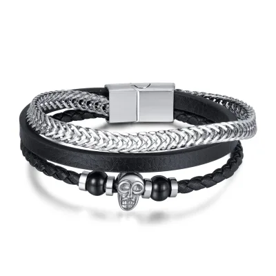 Vintage Style Stainless Steel Owl Cuban Link Magnetic Clasp Woven Leather Customizable Men's Fashion Charm Bracelet