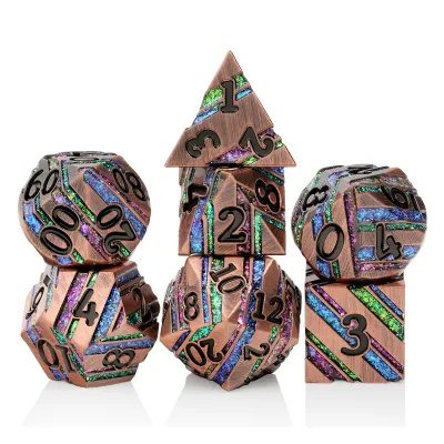 Copper Plated Polyhedral Striped Metal Dice Set D&D 7 Die Customized Metal Dnd Dice Stripe RPG Dice Dnd for Tabletop Games