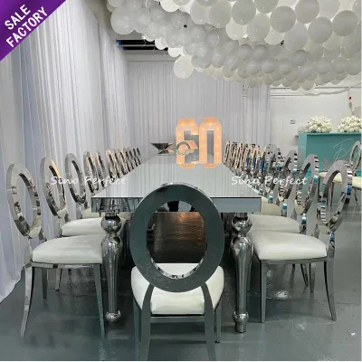Sino Perfect Stainless Steel Rectangle Long Wedding Banquet Decorations Silver Mirror Party Rental Chair and Tables