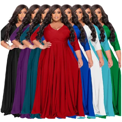MN7670 Fat Women Plus Size Dress Solid Color V-neck Sexy Long Dresses Women Chic Evening Dress