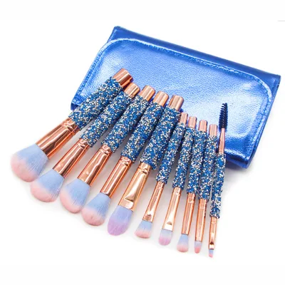 10pcs Private Label Diamond Glitter Makeup Brush Set Blue/brown/pink Diamond Make up Brushes Set with PU Bag