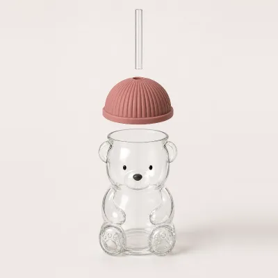 Wholesale 20 oz Clear Glass Teddy Bear Tumbler with Straw Lid