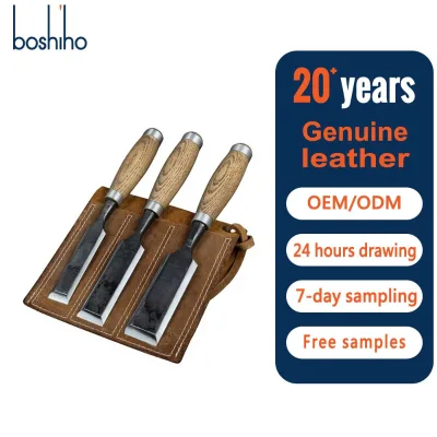 Boshiho Custom Logo Genuine Leather Chisel Roll Bag Multi Slots Wear-resistant Woodworking Chisel Holder Tool Storage Pouch