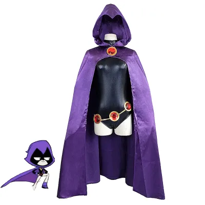Unisex Teen Raven TV Movie Cosplay Costume Black Bodysuit Purple Hooded Cloak Jumpsuits for Halloween Party
