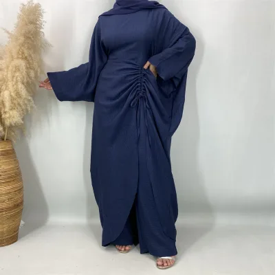 Pure Color Drawstring Waist Abaya with Wide Pants Set for Muslim Women
