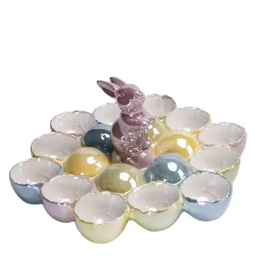 Easter Rabbit Theme Ceramic Egg Tray 12 Cup Egg Holder Container for Refrigerator Fridge Personalized