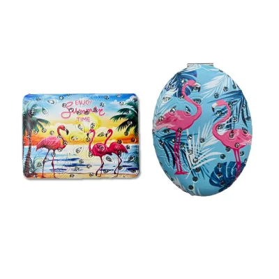 Custom Logo Printing Beach Design Tourist Souvenir Diamond Pu Leather Floral Flamingo Pocket Mirror
