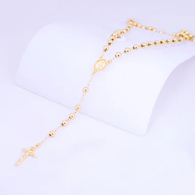 Wholesale Fashion Religious Jewelry Necklace 18k Gold Plated Jesus on Cross Pendant Hiphop Rosary Necklace