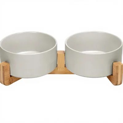 SPUNKYJUNKY Durable Dog Cat Bowl with Wood Stand Non-Slip Matte Glaze Sustainable Eco-Friendly Weighted Food & Water Set 31 OZ