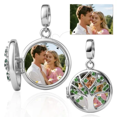 Openable Tree of Life Copper Dangle Charm Bead Green Zircon Custom Photo Engrave Text Family Memory Bracelet Gift