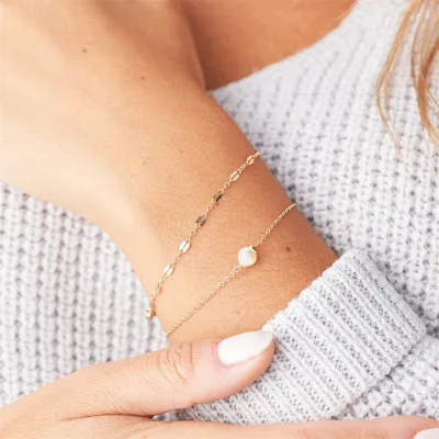 EManco 14K Gold Shell Pearl Chain Bracelet Thin Lip 316L Stainless Steel Elegant Diamond Bangles for Gifts