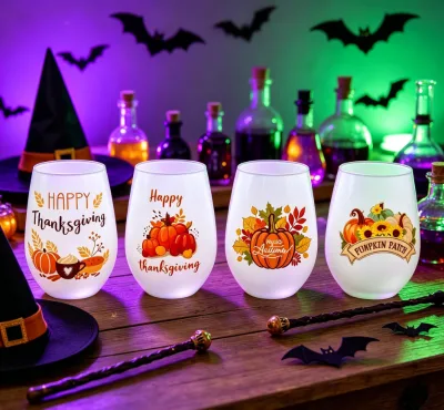 Factory Premium Customized Drinking Glass Cup Stemless Wine Glasses With Halloween Design Pretty EggShaped Cups for HolidayParty