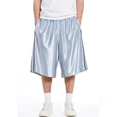Custom Metallic Silver Baggy Basketball Shorts Men Shiny Satin Dazzle Fabric Side Piped Design Baggy Basketball Shorts Wholesale