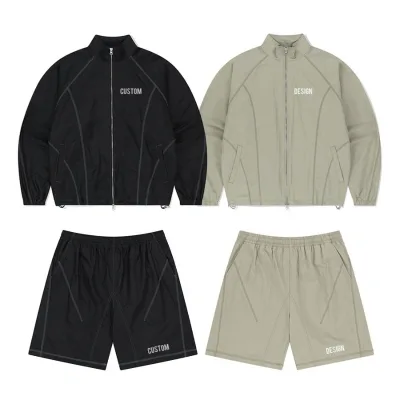 Custom Stitched Zip up Lightweight Nylon Tracksuit Men Blank Loose Fit Summer Windbreaker Short Set Two Piece