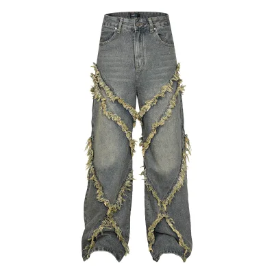 Retro High-Street Casual Wide-Leg Denim Pants Unisex Split-Panel Design with Raw-Edge Details Relaxed Straight-Leg Long Trousers