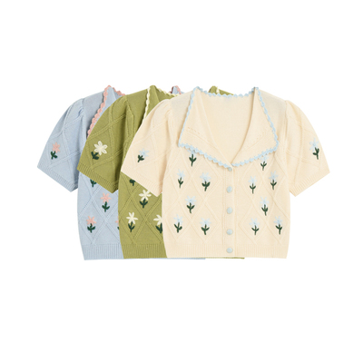 "Floral Embroidered Retro Knit Short Sleeve Cardigan with Button Detail for Women"