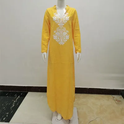 Islamic Modest Kaftan Dress Cotton Linen Ethnic Printed Long Shirt Caftan Robe Loose Saudi Jubba Thobe Women Dresses