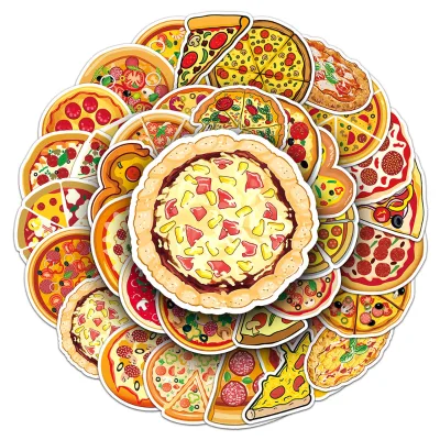 50PCS Factory Hot Sale Cute Delicious Food Delicacy Pizza Custom Sticker UV Printing PVC Waterproof Cartoon Sticker