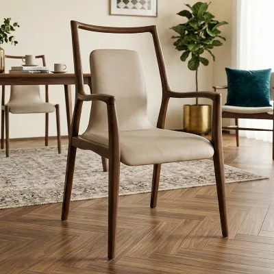 Modern Minimalist Solid Ash Wood Armchair with Leather Upholstery Dining Chair for Living Room Hotel Home Office Customized Logo