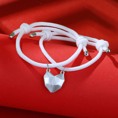 A Pair of Rope Bracelets Valentine's Day Gift Heart Magnet Matching Couple Bracelets