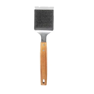 2-in-1 Heavy Duty BBQ Grill Scraper & Wire Brush Stainless Steel Tool with Large Wood Handle for Outdoor Grilling