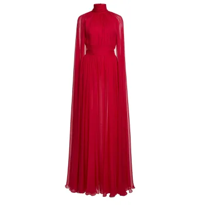 Cape Poncho Long Dress 2026 Autumn Fashion Party Women Stand Neck High Quality Chiffon Red Long Maxi Dress Plus Size 2XL 3XL