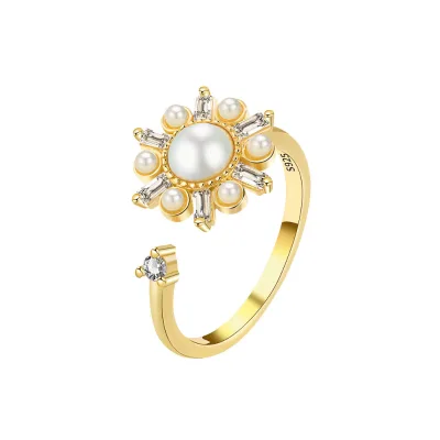 Trendy Gold Plated Rotatable Spinner Pearl Ring S925 Pure Silver Rotating Adjustable Fidget Rings for Anxiety