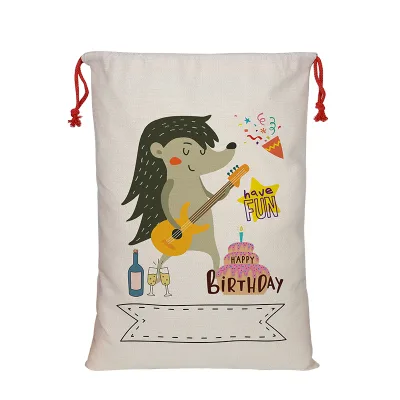 Ginzeal Natural Linen Eco-Friendly Durable Cartoon Hedgehog Play Guitar Print Happy Birthday Gift Bags for Kids Party Candy