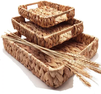OEM Rattan Woven Tray Rectangle Seagrass Storage Baskets with Handles Brown Decorative Woven Water Hyacinth Serving Tray Set