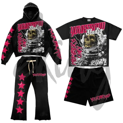 Custom Brand Name Graphic Letter Sublimation Transfer Printed Hoodies and Sweatpants Custom Design Shorts and T-shirts Set Men