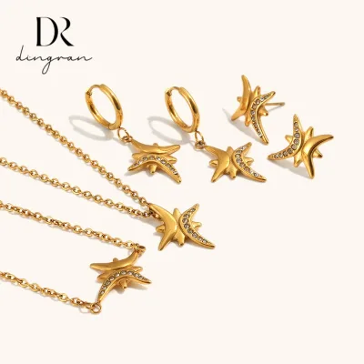 Europe and America Fashion Stainless Steel Plated 18K Gold Abstract Octagonal Star Pendant Stud Earring Hoop Earring Jewelry Set