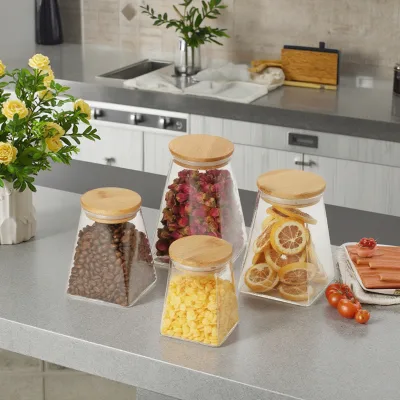 Square Transparent Sealed Glass Kitchen Storage Tank Household Glass Storage Jars with Bamboo Wood Lid