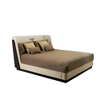 Luxury Modern Double Bed with Diamond Quilted Side Panels and Branded Emblem, High-End Leather Upholstered Platform Bed