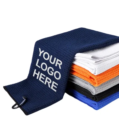 Custom Available 16" X 24" Tri-Fold Portable Microfiber Waffle Pattern Golf Towel With Carabiner Clip