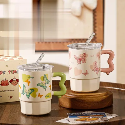 Red Cherry Butterfly Nordic Ceramic Coffee Mug With Lid Straw Cute Gift Box Birthday Creative Handmade Companion