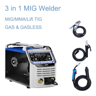 MIG Welder 3 in 1 IGBT 250 Amperes Multi Process Mashin Poste a Souder MIG Sans Gaz Flux Core Gasless MIG Welding Machine