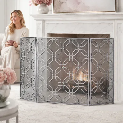 Elegant Gold Tone 3 Panel Folding with Geometric Octagon Trellis Mesh Spark Guard 31 Inch Fireplace Screen